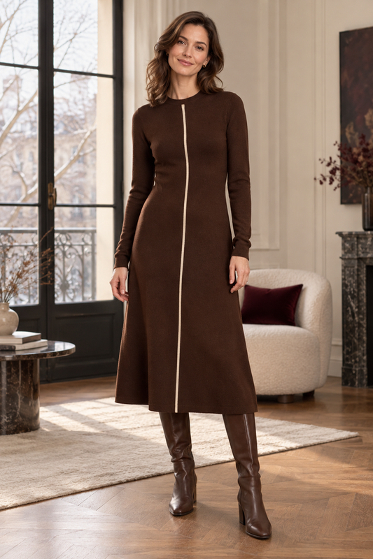 Cora Elise braunes Strickkleid für Damen in Midilänge mit langen Ärmeln und cremefarbenem Kontrastdetail