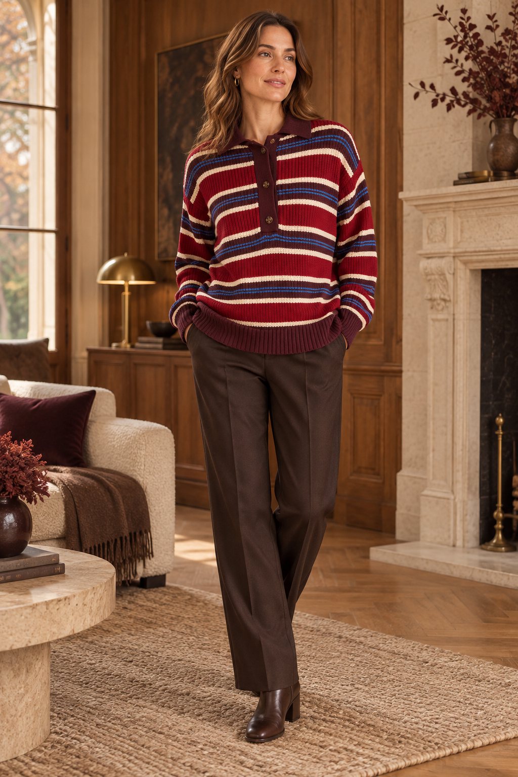 Cora Elise – Damen-Strickpolopullover in Bordeaux – Oversize & Streifen