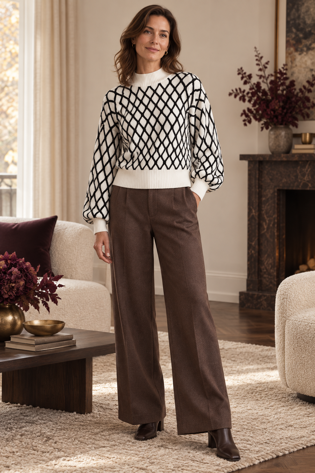 Cora Elise – Damen-Strickpullover in Creme-Schwarz – Rautenmuster & Stehkragen